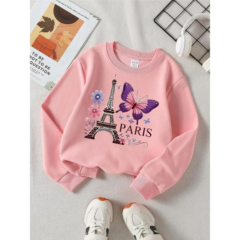 Europäische Größen Paris Eiffelturm Schmetterlinge Blumen Mädchen Rundhals-Sweatshirt, Westliches Oberteil, Kinder Langarm Freizeit-T-Shirt