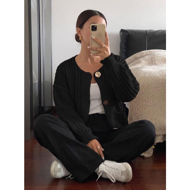 Women S Knitted Cardigan Round Neck Long Sleeve Button Front Lazy Style Sweater Coat