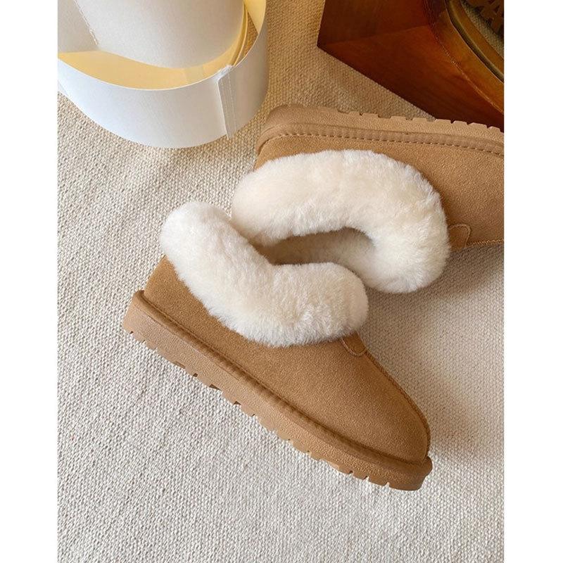 Flat-bottomed leather fur integrated snow boots women's new winter one-pedal plush warm fluffy shoes cotton shoes