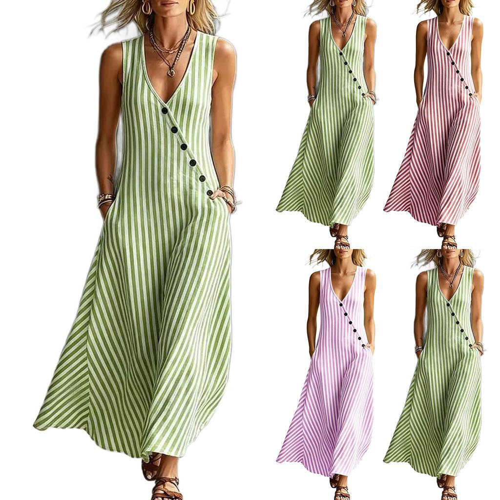 Women's Casual Sleeveless V Neck Maxi Dress with Vertical Stripes Button Detail Side Pockets Comfortable Loose Fit Summer Dress
