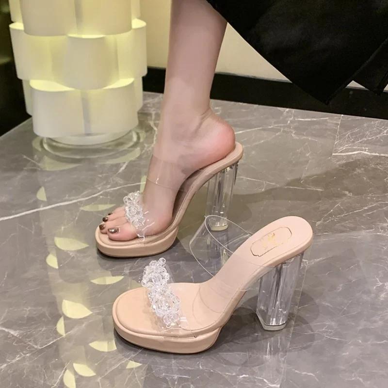 Women's Summer round Toe Square Heel Breathable High Heel Slippers Elegant Sexy PVC Crystal Fashion Shoes