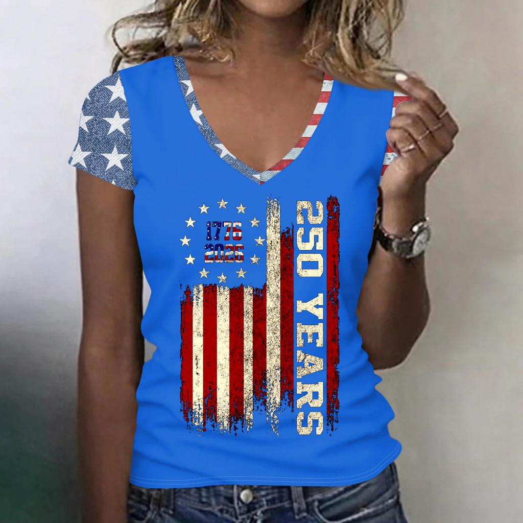 Women’s V Neck Lightweight Short Sleeve Top with Distressed Flag and 250 Years Print for Spring Summer Casual Wear