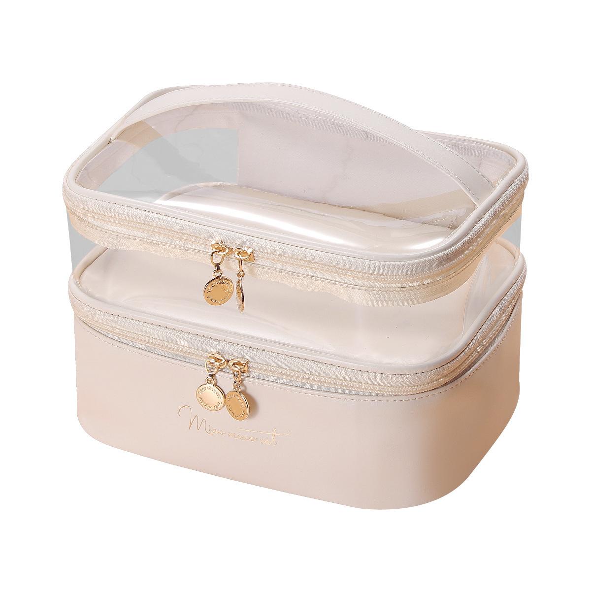 

Color Pu Solid Leather Doublelayer Large Capacity Multifunctional Makeup Bag StyleA