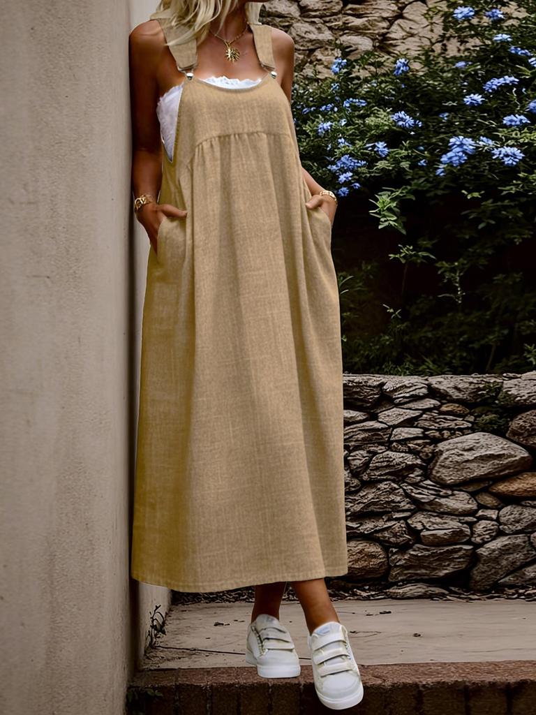 Plus Size Women's Denim-Style Strappy Long Dress - Fashionable European & American Design