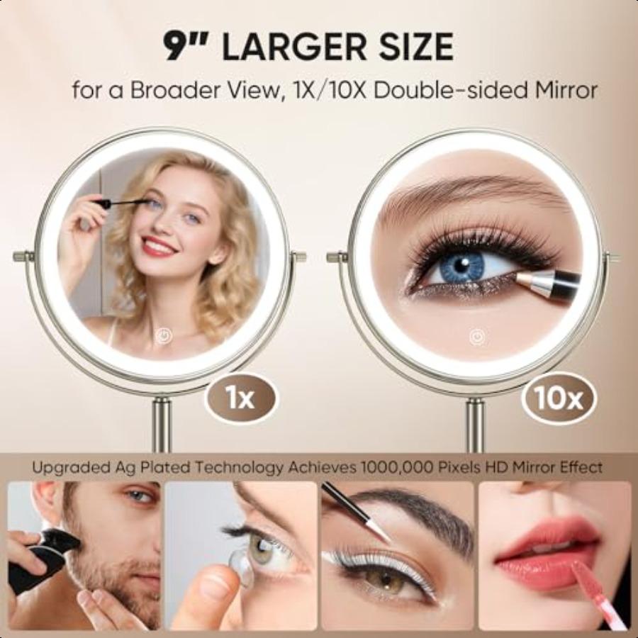 

Большое 9-дюймовое профессиональное зеркало для макияжа с подсветкой, регулируемое по высоте, перезаряжаемое, двустороннее, 1x 10x HD, более яркий свет, более высокий CRI 88, хирургическое United States