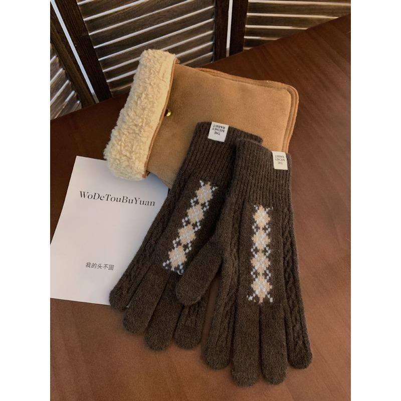 

Новые коричневые шерстяные перчатки для женщин на осень и зиму, с сенсорным экраном, непродуваемые, вязаные, теплые, в стиле ретро, длинные вязаные перчатки One Size