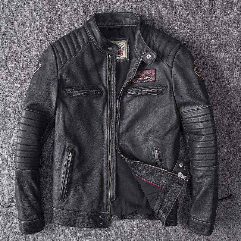 

Cycling Suit Retro Old Leather Leather Jacket Men s Stand Collar Short Top Pure Cowhide Jacket Top Motorcycle Suit S чёрный