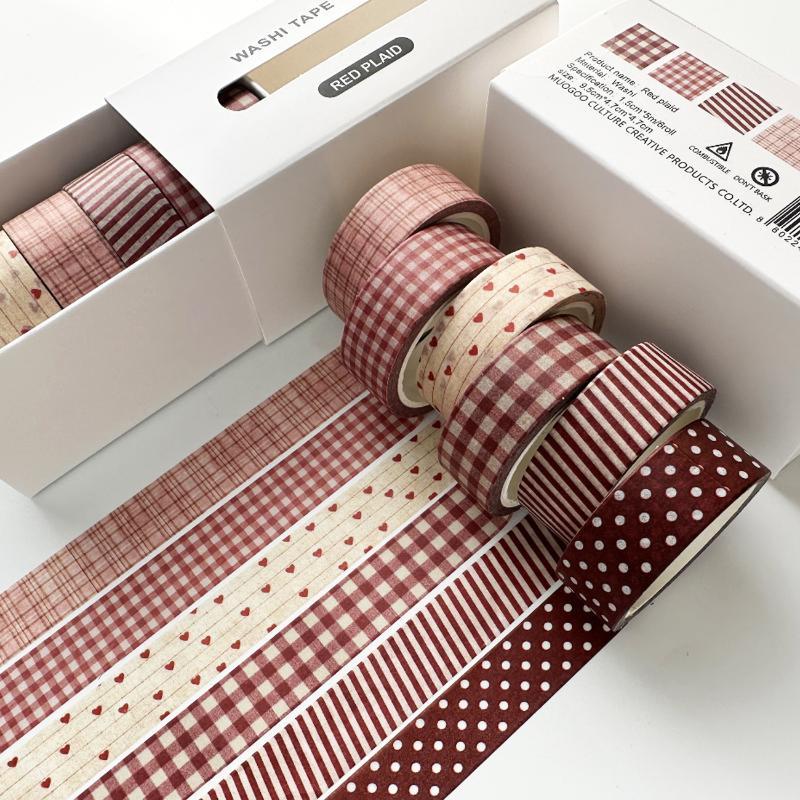 Plaid Tape Set, 6 Rolls Aesthetic Grid & Polka Dot Decorative Tapes For Journal Scrapbooking Diy Crafts & Planner