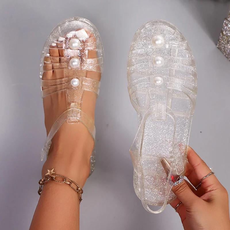 Módní Vintage Platformové Želé Sandály s Uzavřenou Špičkou Dámské Letní Perlová Dekorace Nízký Podpatek Římské Sandály Dámské Protiskluzové Plážové Sandály Dámské
