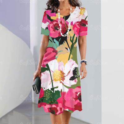 Damenkleider Midi Blumendruck Elegantes Sommerkleid Kurzärmelige Kleider für Damen Mode Übergroße Damenkleidung