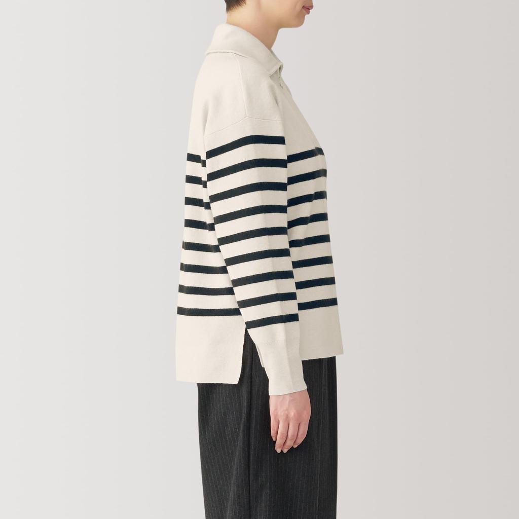 MUJI Washable Milan Rib Knit XXL Women's Half-Zip Sweater, BA1OZA4A, Off-White Striped, Women's