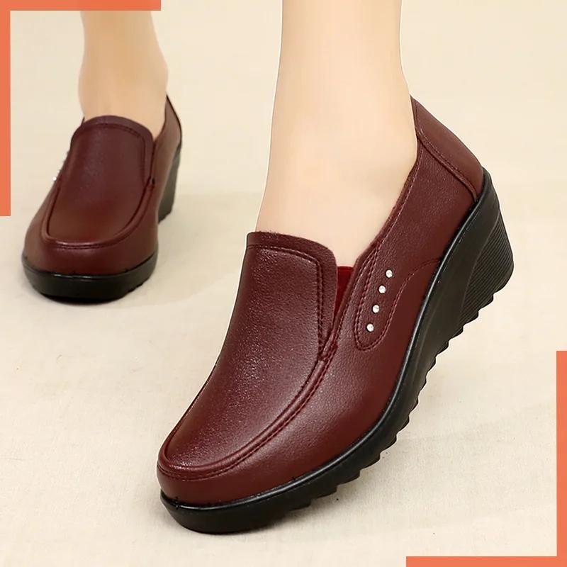 Spring Autumn Women's Fashion Pumps Shoes Woman Genuine Leather Wedge Single Casual Shoes High Heels Shoes