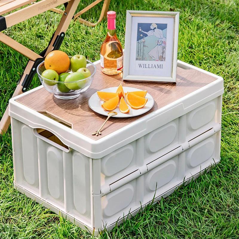 Folding Camping Box with Wood Top Travel Outdoor Storage Food Box Car Organizer Container Camping Equipment Tableware Storage