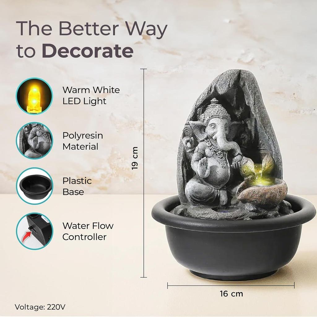 Polyresin Ganesh Fountain For Home Decor With LED Lights | Waterfall Fountain for Gifting | Showpiece Decoration Item