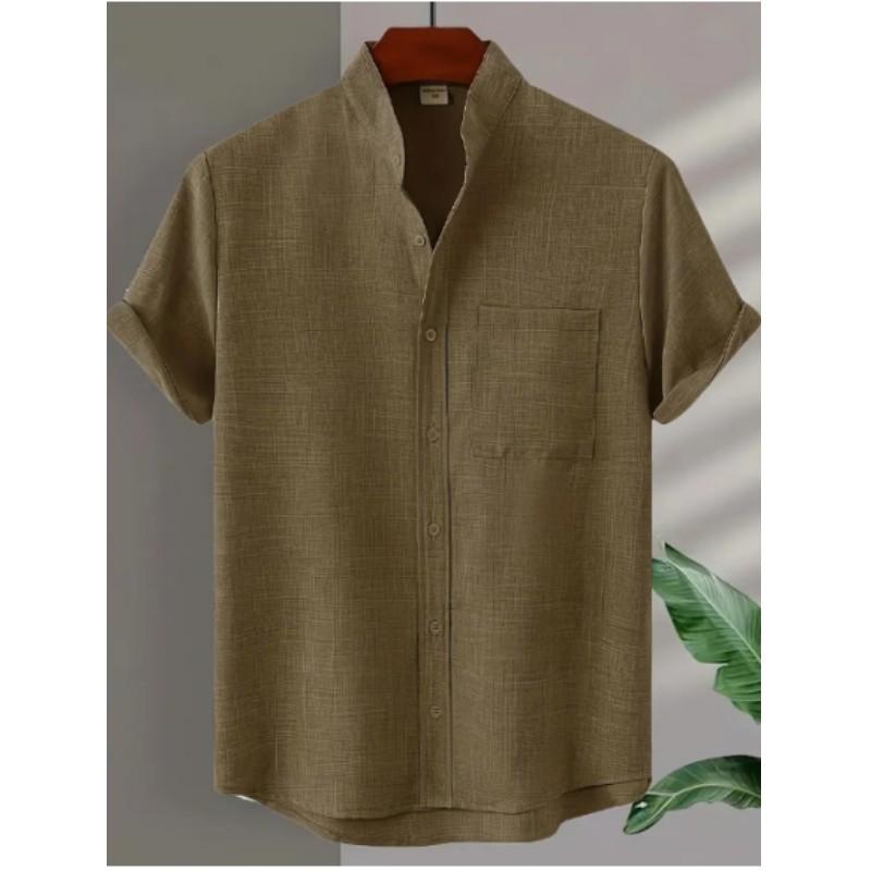 Men's Summer Solid Color Short Sleeve Cotton Linen Shirt Standing Collar Casual Wearable Tops