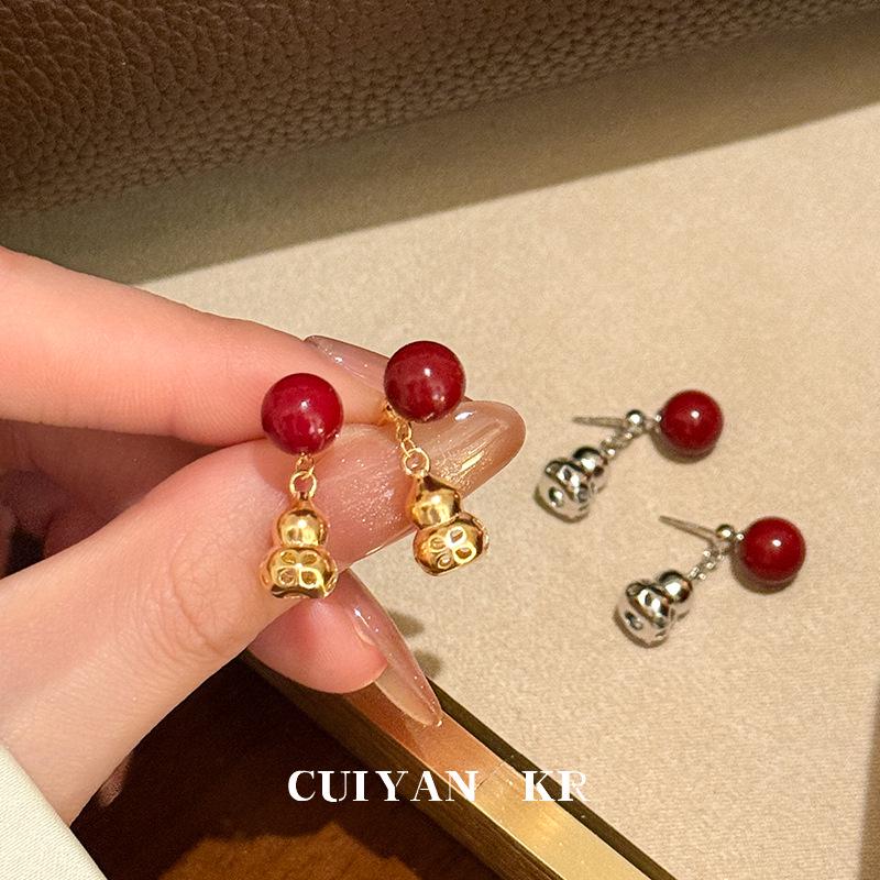 Cui Yan S925 Sterling Silver Chinese Style Red Cinnabar Gourd Stud Earrings for Women - New Year Edition