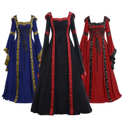 Robe à capuche style cour médiévale vintage pour femme Col carré Manches évasées Grande amplitude