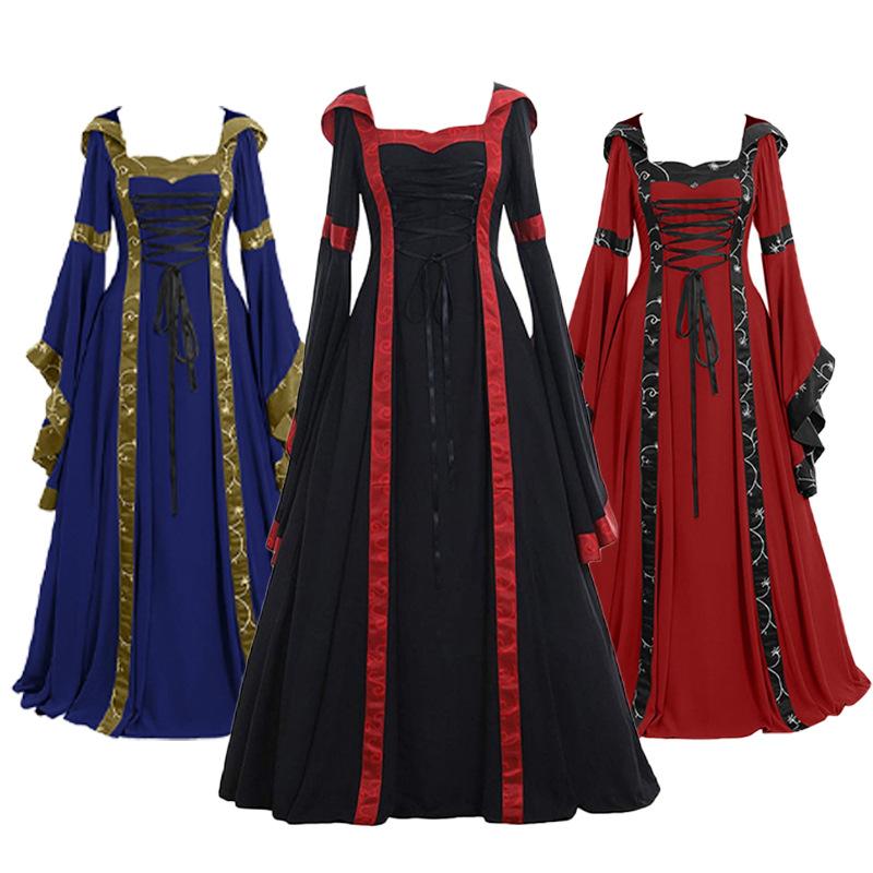 Women's Medieval Vintage Court Style Hooded Dress Square Neck Flared Sleeve Big Swing Dress