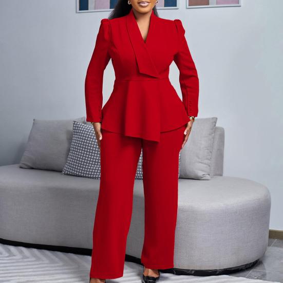 Damskie Zestawy 2-częściowe Plus Size Blazer z Długim Rękawem z Falbaną i Nierównym Dołem + Spodnie Garnitur Biznesowy Zestaw do Pracy Biurowej