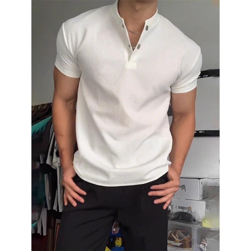 

Summer Fashion Stand Collar Short Sleeve Casual T-shirt Male Solid Buttons All-match Sports Tee Pullover Top Men 3XL білий