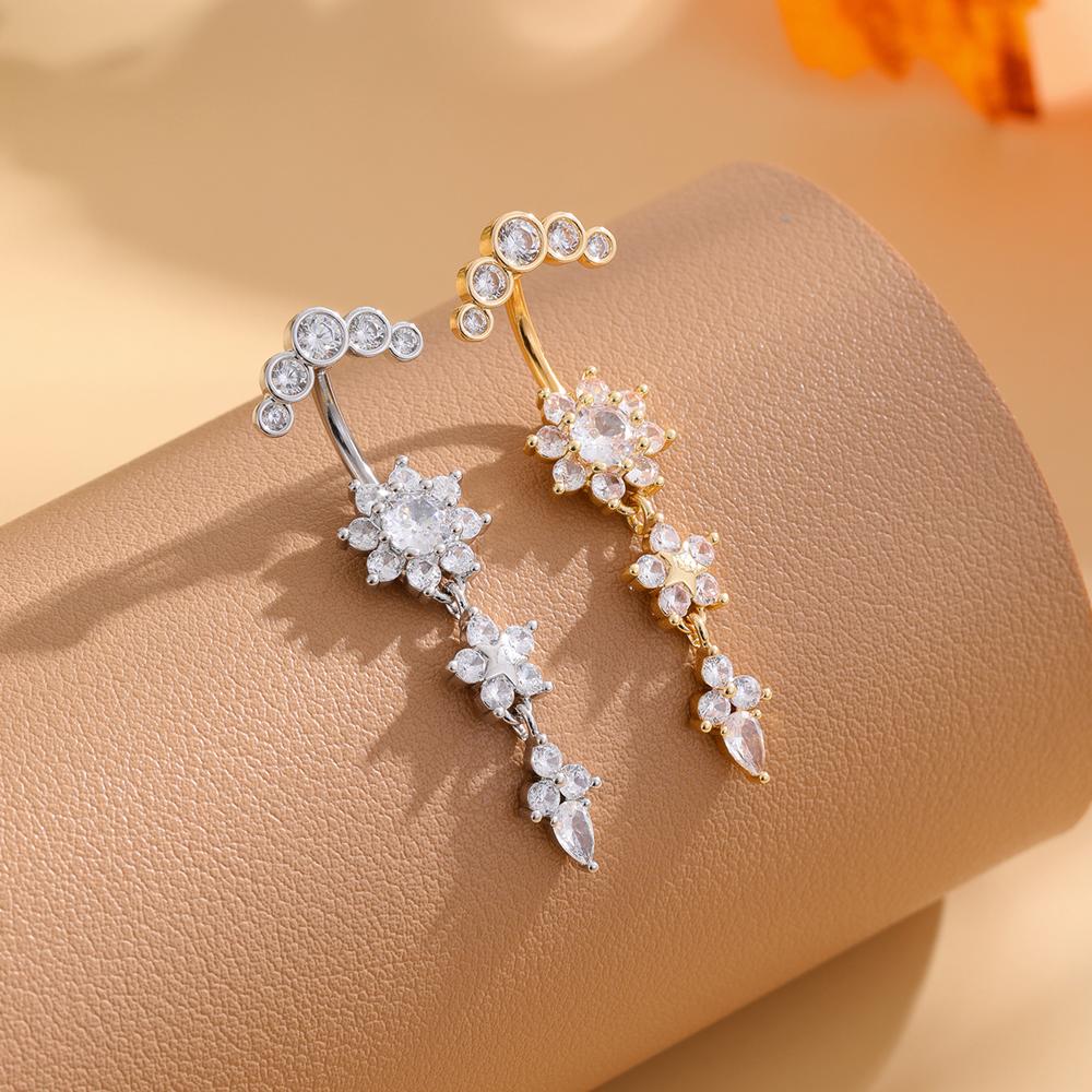 Gold Stainless Steel Long Dangle Flower CZ Belly Button Ring for Women