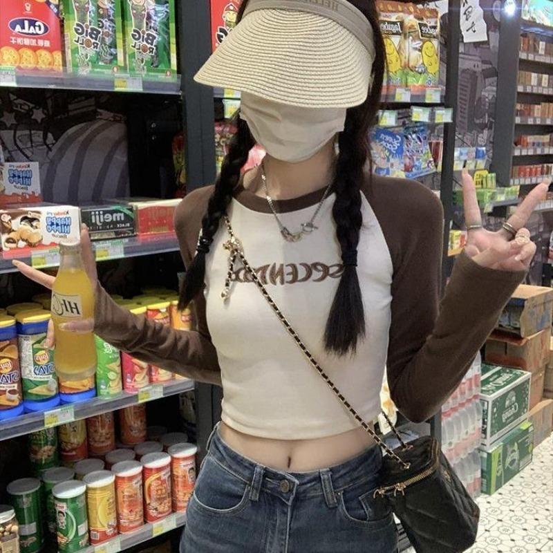 2KWEIRD Letter Print T-Shirt Women Spring Long Sleeve Patchwork Tops Fashion Retro Contrast Color Crop Top Hot Girl Kpop Skinny Y2K Tees