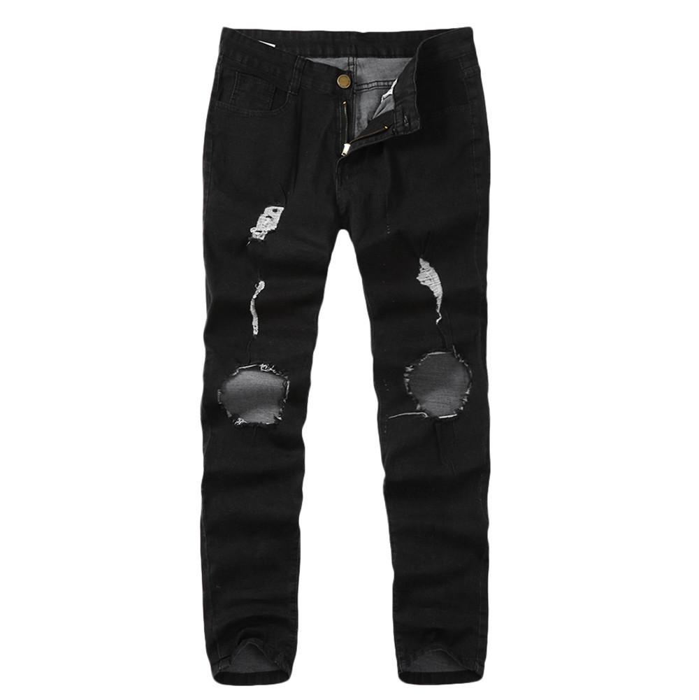 Pánské Skinny Stretch Džínové kalhoty Distressed Ripped Freyed Slim Fit džínové kalhoty