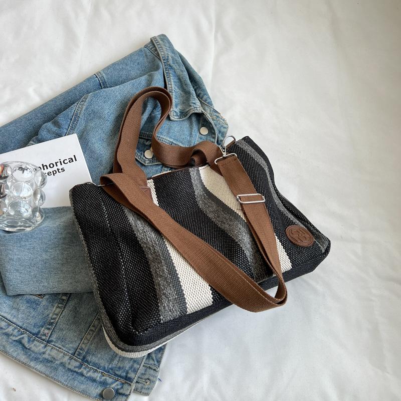 Big Bag Women's Bag 2025 New Fashion Contrasting Color Striped Canvas Commuter Tote Bag Trendy Underarm Shoulder Bag