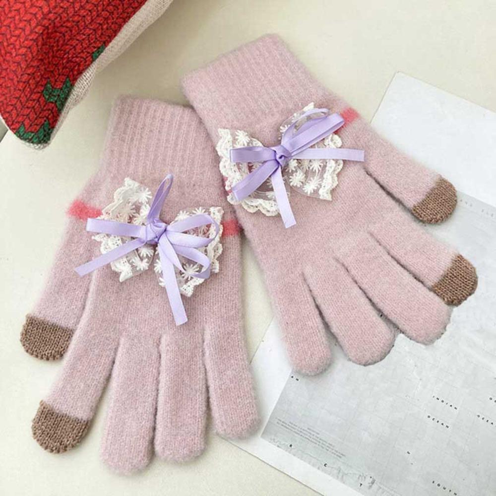 Cute Bowknot Gloves Thickened Comfortable Cotton Mittens Warm Touchscreen Full Finger Gloves Winter
