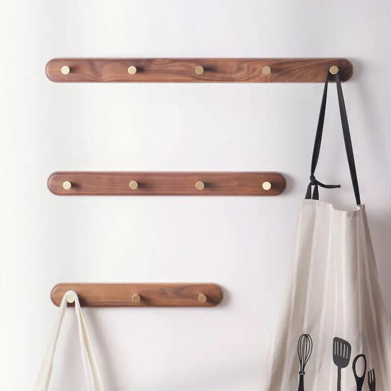1pc Solid Wood Brass Coat Hook, Black Walnut Wood Coat Hanger, Clothing Hooks,Wall Mounted Storage Rack Drilling Installation