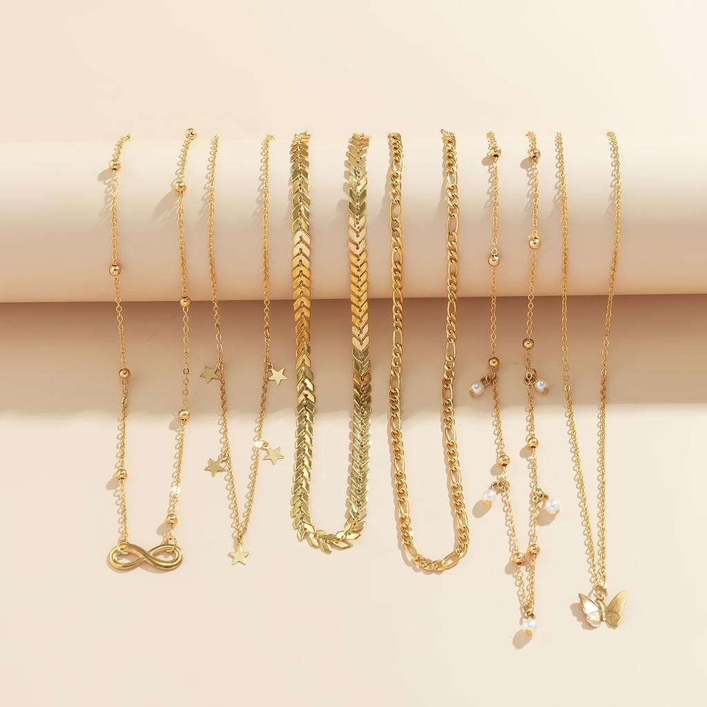 6Pcs/Set Boho Infinite Symbol Leaf Butterfly Pendant Necklace for Women Vintage Ethnic Imitation Pearl Thin Chain Party Jewelry