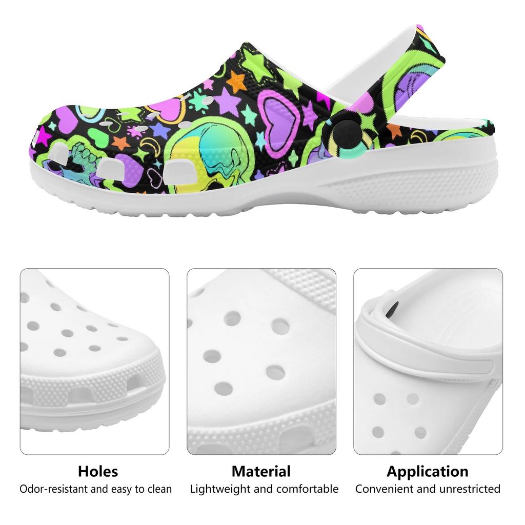 White EVA Clogs with Halloween Ghost Print, Lightweight Slip On Garden Shoes, Breathable Beach Sandals, Indoor Outdoor Slippers for Men Women