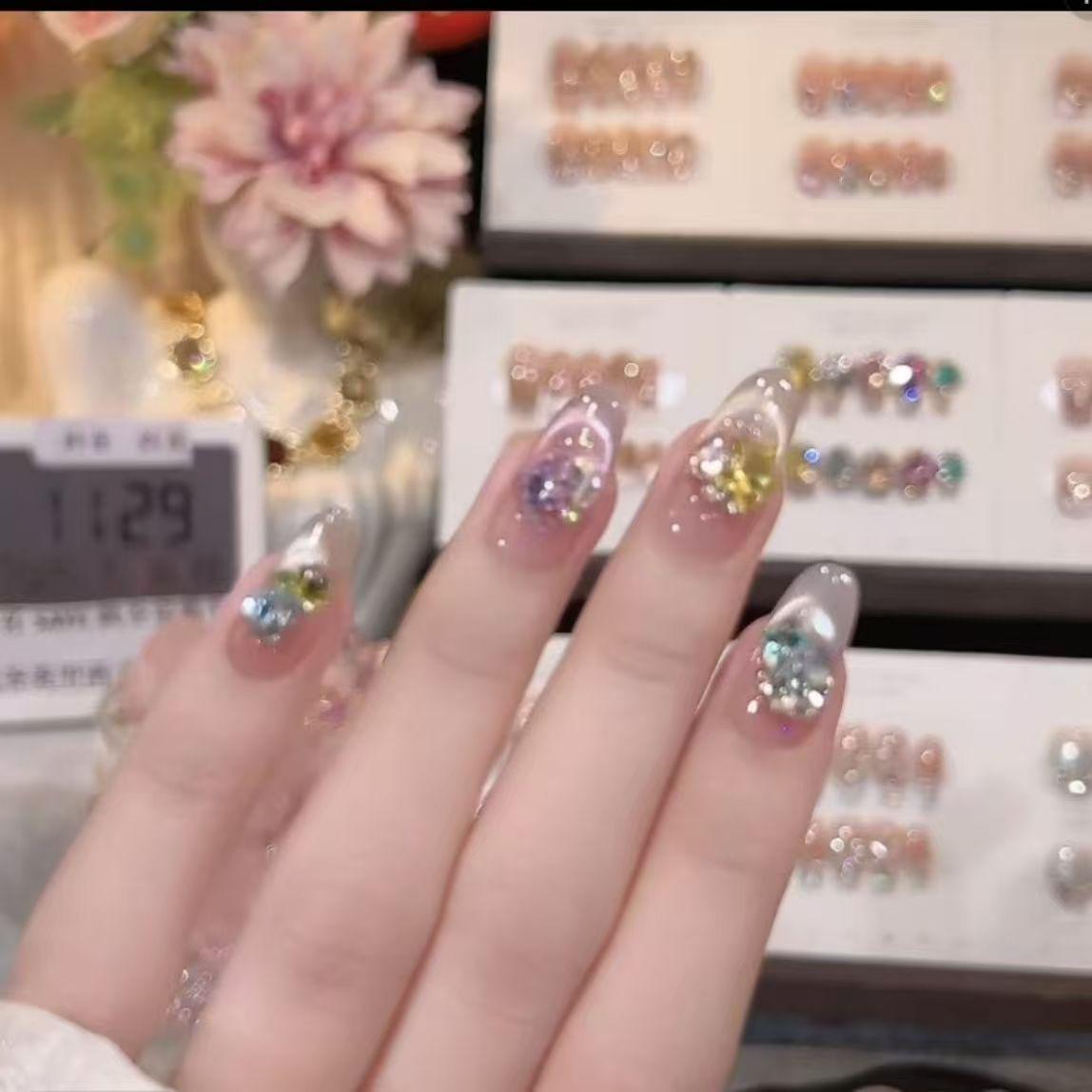 Luxurious Nude Pink Rhinestone Aurora Cat Eye Press-On Nails – Versatile, Elegant, and Handcrafted Design