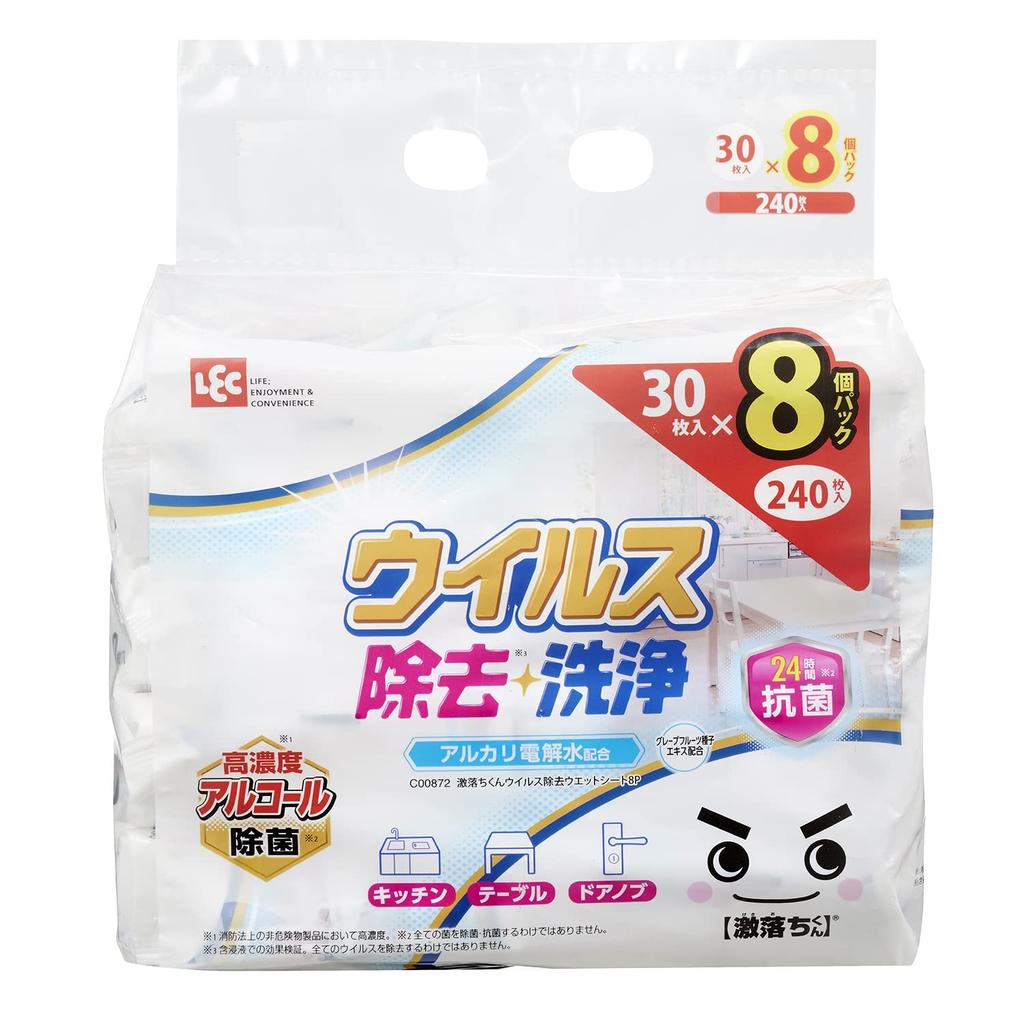 LEC Gekiochikun Virus Cleansing Wet 30 Sheets Antibacterial Formulated with Alkaline Electrolyzed and Grapefruit Seed Extract Removal, Disinfecting,