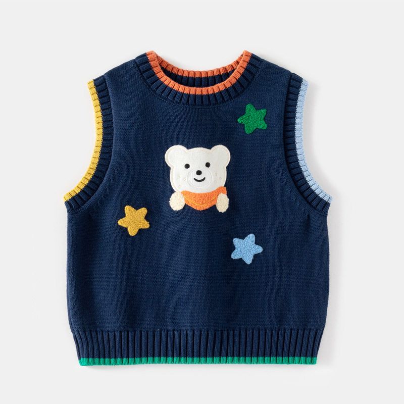 Children s Wool Vest, Boy s Sweater, Sleeveless Pullover, Girl s Cartoon Bear Top, Baby Vest, Knitted Sweater Navy blue 90