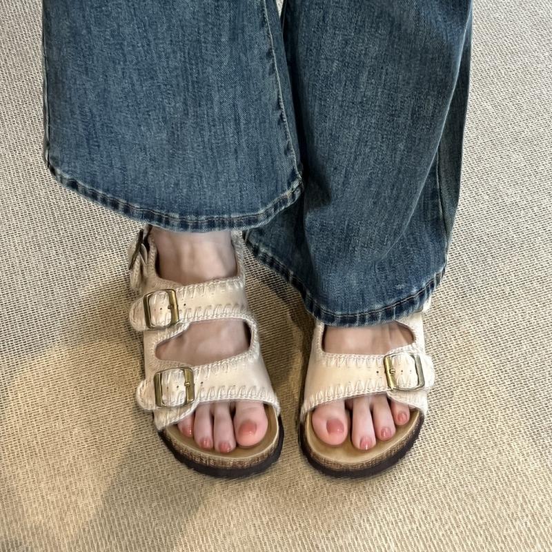 Cowhide version~ thick-soled belt buckle women's outer wear open-toed casual one-word sandals versatile height-enhancing beach shoes
