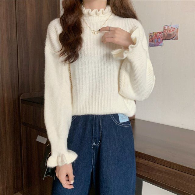 Women's French Style Ruffled Turtleneck Base Layer Autumn Winter Long Sleeve Knitted Top