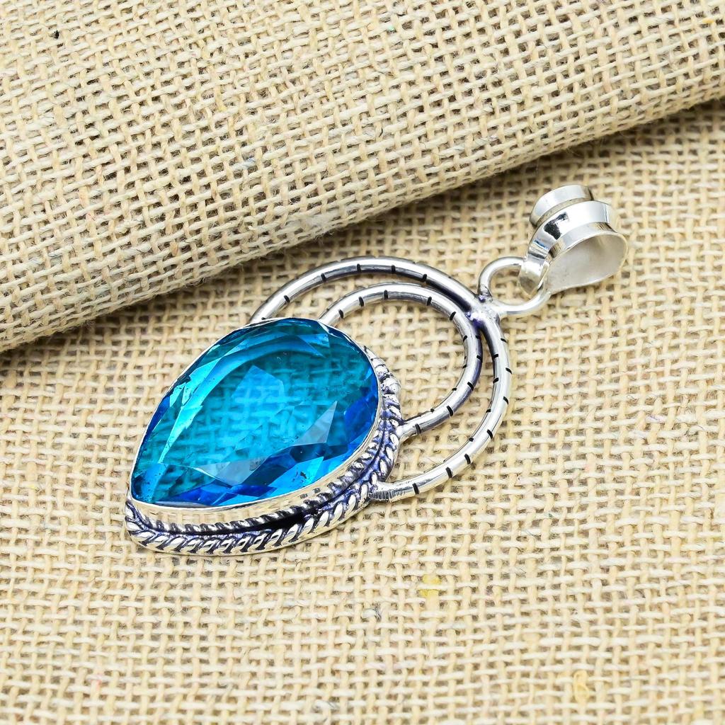 Funkelnder Blautopas Edelstein Handgefertigter 925 Massiv Sterlingsilber Schmuck Anhänger für Hochzeitsgeschenk