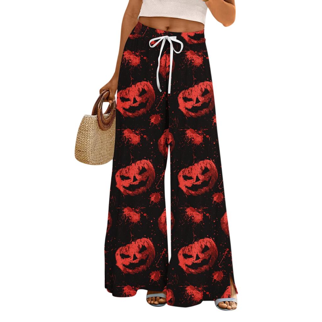 Ladies' Loose And Casual Halloween Printed Wide Leg Pants With Elastic Waistband Drawstring And Pocket Pants