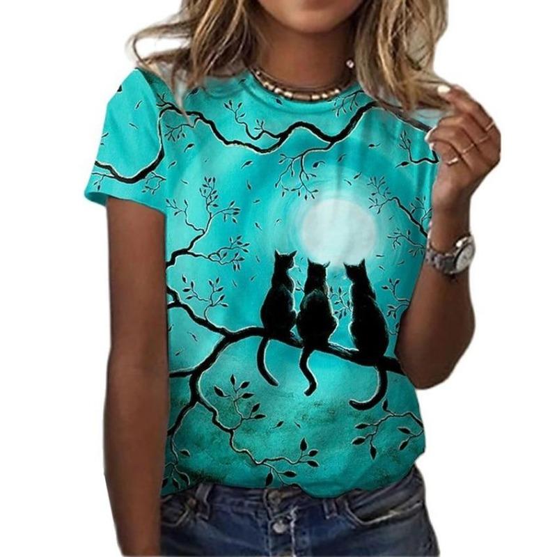 Fashion Woman T-shirt Women's 3d Cats Print Black Kawaii T Shirt Female Clothing Oversized Summer Top