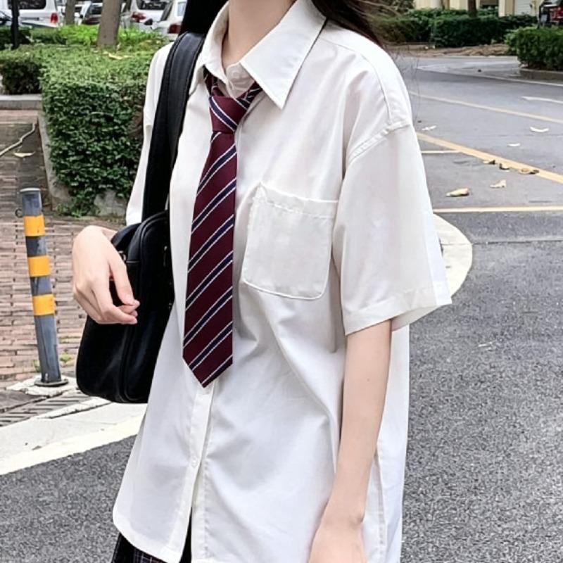 White Short Sleeved Shirts for Women Japanese College Style Versatile Loose Shirt with Tie Summer Single Breasted Blouse