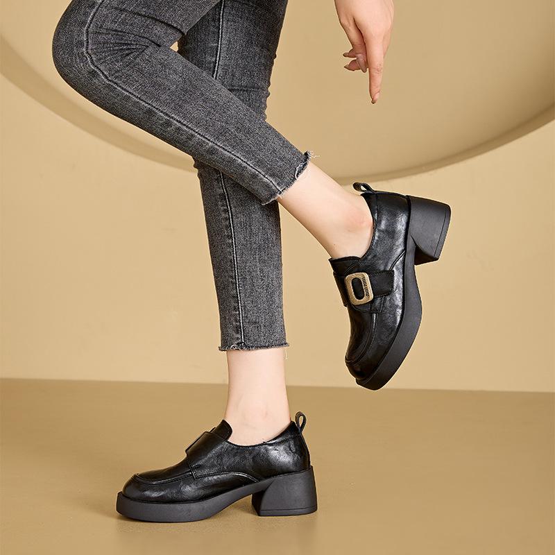 Spring and Autumn Leather Loafers Women's Korean Version of Platform Velcro Small Leather Shoes Women's Buckle Casual Small Single Shoes Women