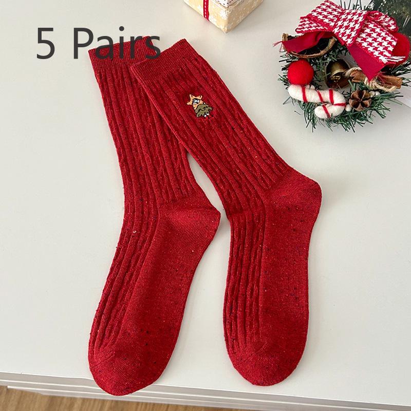 

5 пар женских осенне-зимних льняных носков с рождественской вышивкой, модных и универсальных, длиной до середины голени, складывающихся в стопку 5 Pairs красный