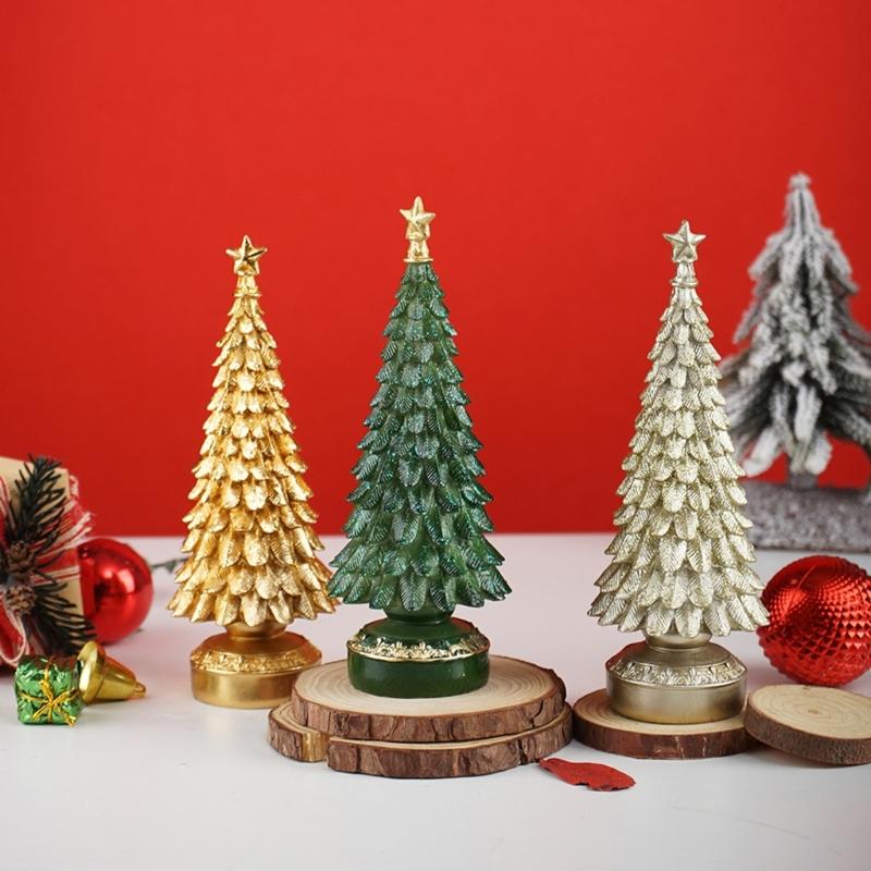 Resin Christmas Tree Figurine Ornament Miniature Christmas Tree Decoration for Living Room Bedroom Office Desk Display