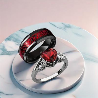 Anelli Romantici Goth Intarsiati Cristallo Rosso Zircone Forma di Cuore Motivo Doppio Drago per Coppia Donne Uomini Gioielli Lussuosi Scintillanti Regalo