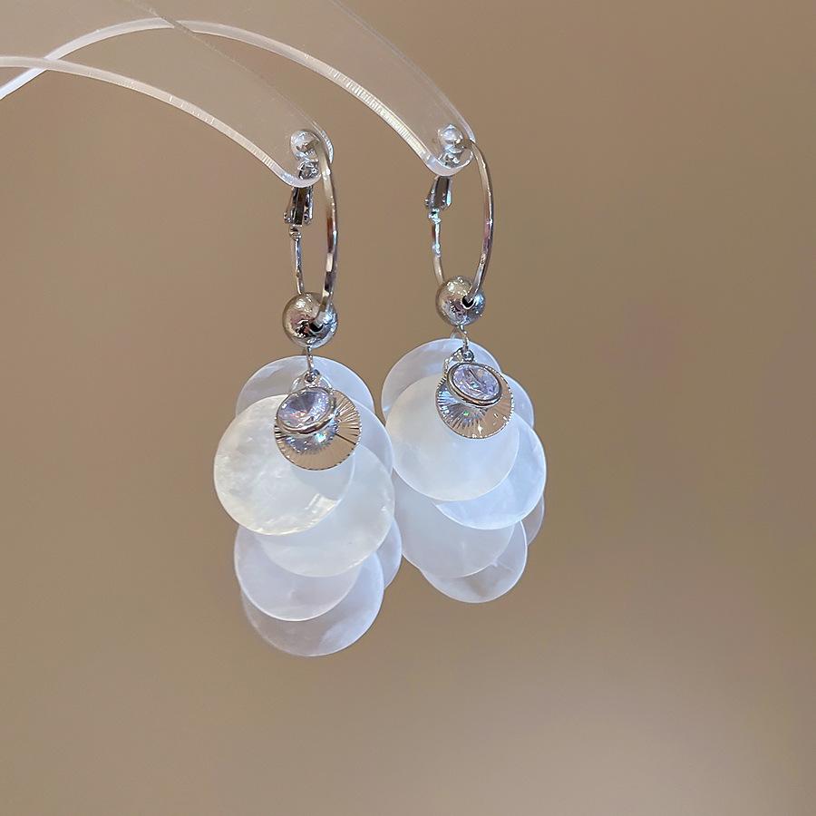 Silver Geometric Seashell Tassel Stud Earrings – Beach Vacation Style for Women