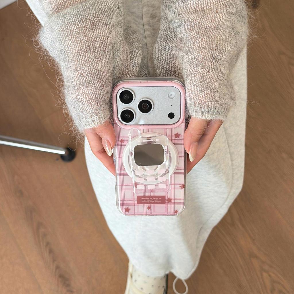 Korean-Style Pink Plaid Star Phone Case for iPhone 16/15/14/17 Pro Max 