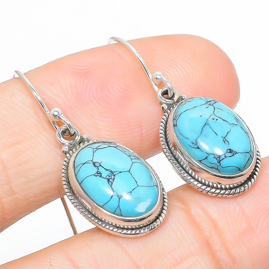 Natural Turquoise Gemstone Handmade 925 Solid Sterling Silver Earring 1.25" o1I96