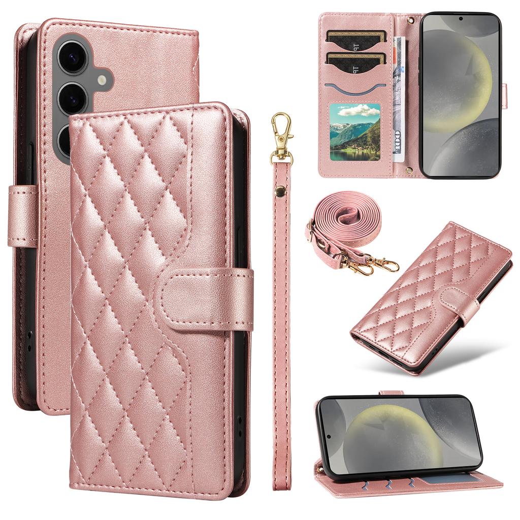 For Samsung Galaxy S25/S24 Case Wallet Rhombus Leather Phone Cover with Shoulder Strap,Wrist Strap