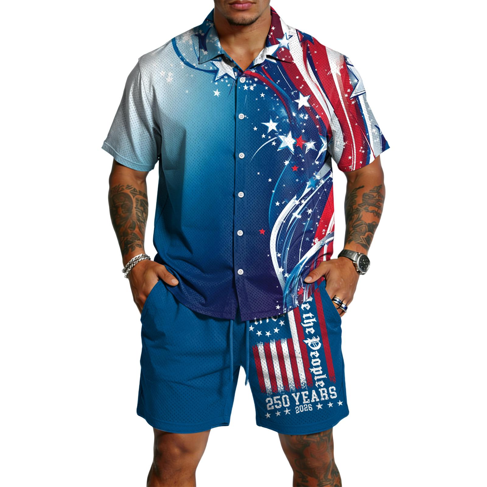 Мужской повседневный легкий дышащий комплект из рубашки с коротким рукавом и шорт L синий